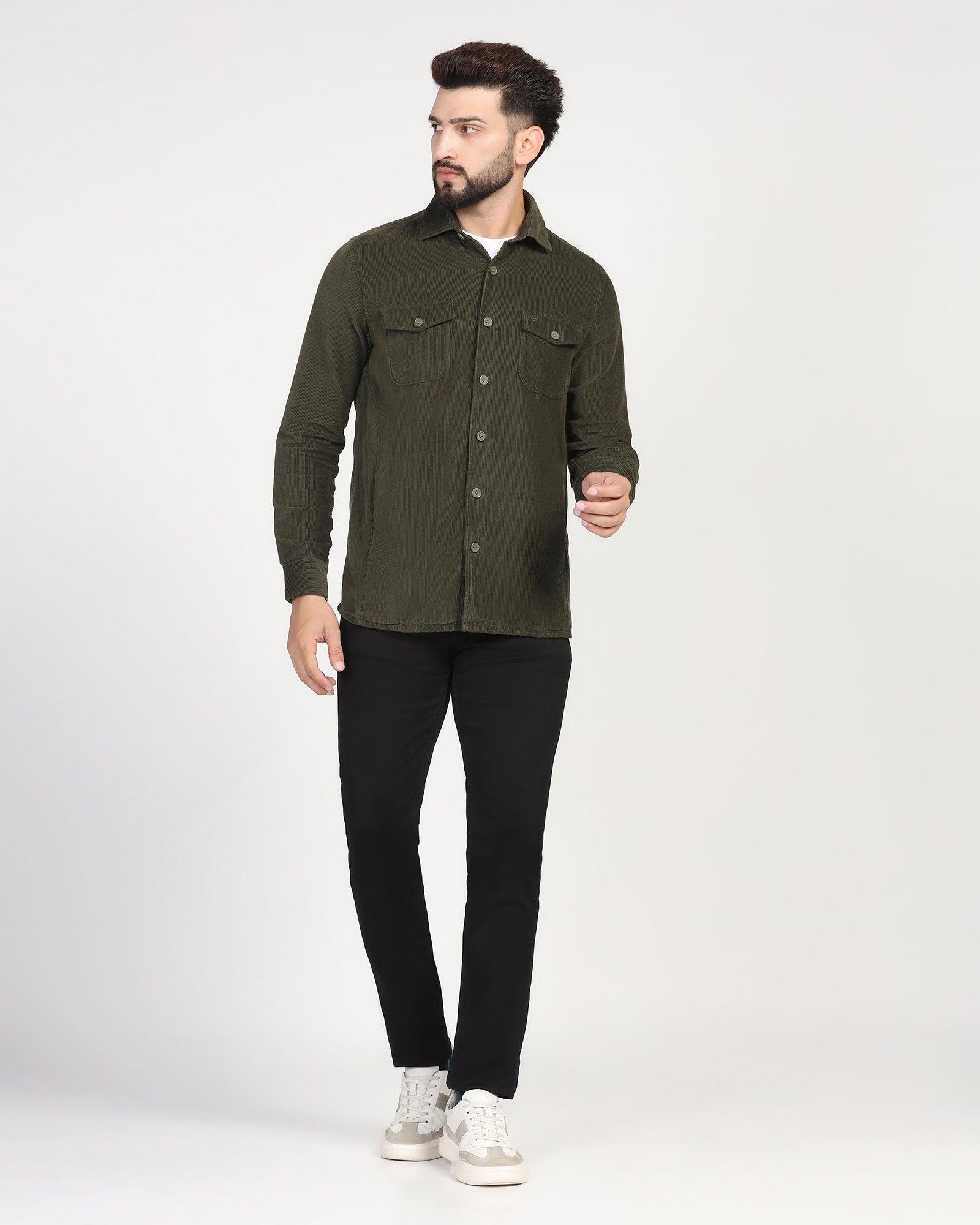Capani Green Slim Fit Long Sleeve Double Pocket Cotton Shirt | BOJONI
